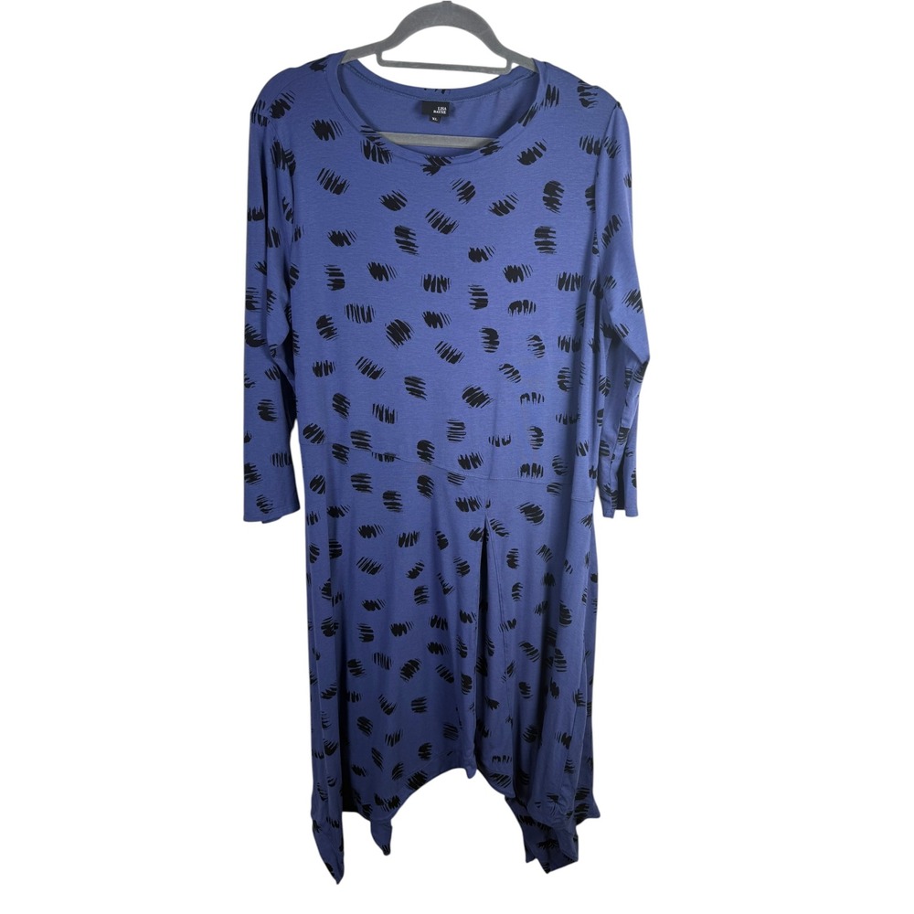 Lisa Bayne Abstract Print Shark Bite Hem Dress Blue Black Stretch Size XL